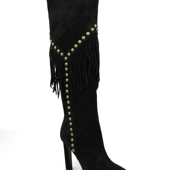 Saint Laurent Women's Black Suede GRACE 105Y STUDDED FRINGED BOOT 37.5/7 1/2 NIB